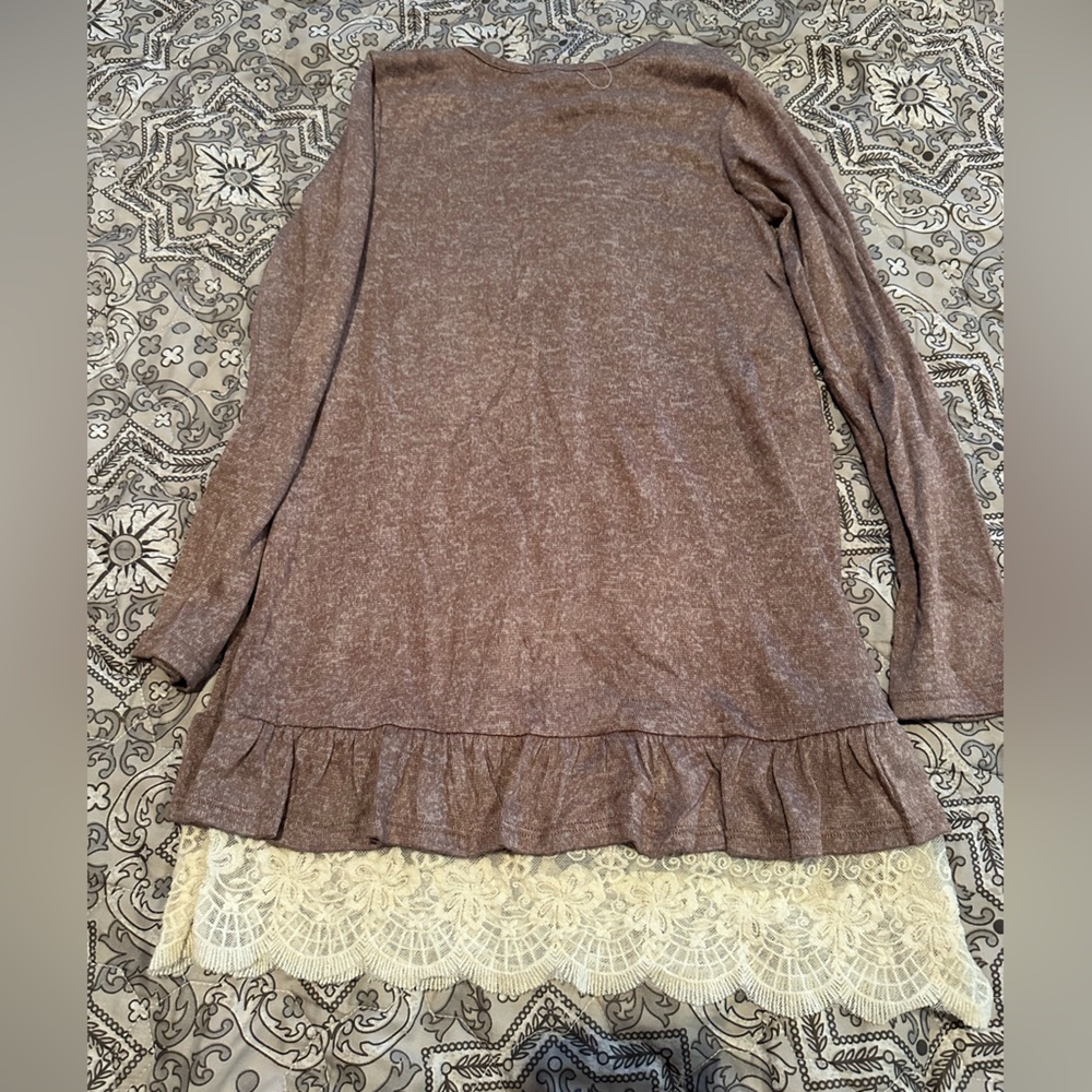 Brown Long Sleeve Top with Lace Trim